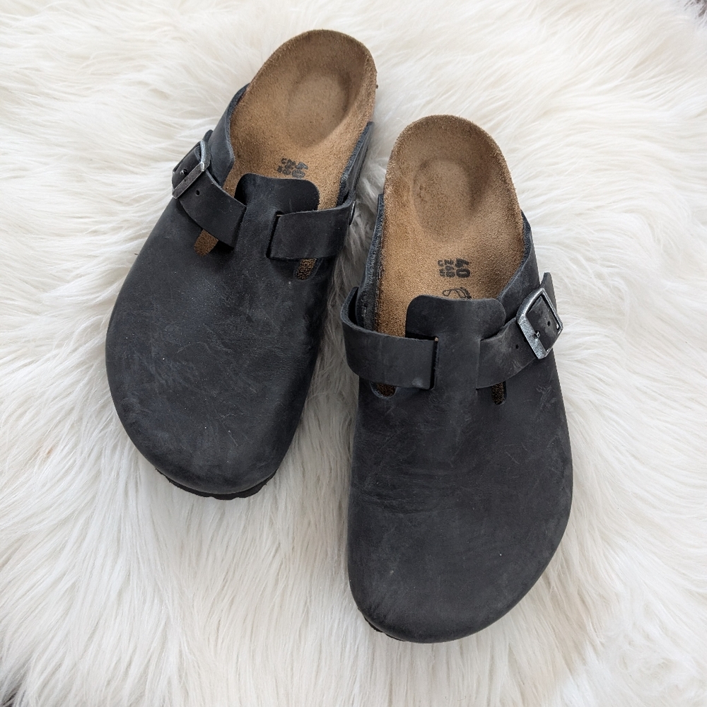 Birkenstock Boston Black Oiled Leather Clogs Sandals 40 Women's 9 Men's 7
